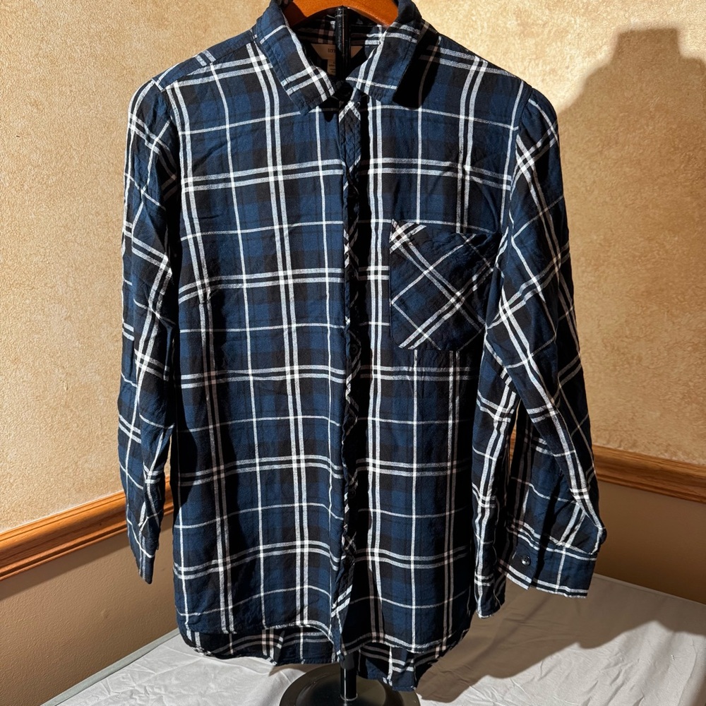 Terra & Sky Navy Blue Plaid Button-Up Shirt Size: 1X ( 16w-18w)